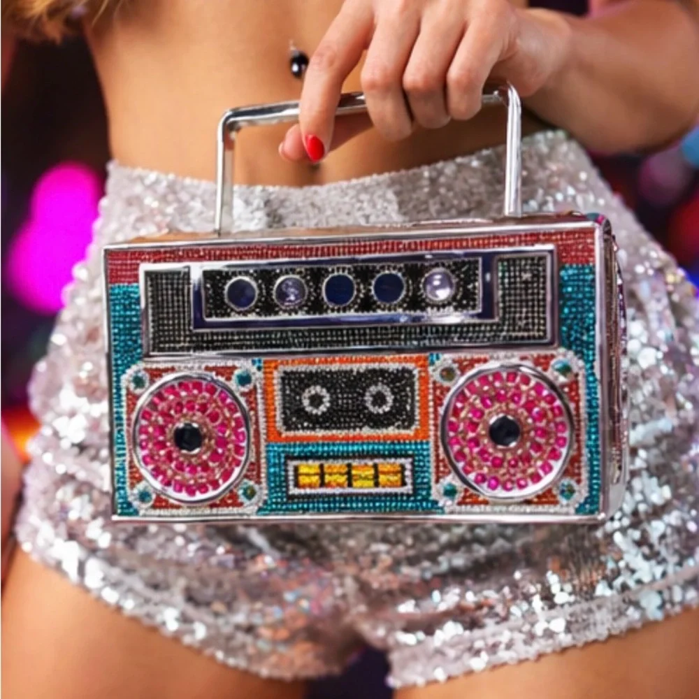 Boombox Clutch Silver Gem Purse Y2K Festival Vegas Bachelorette Statement Bag
